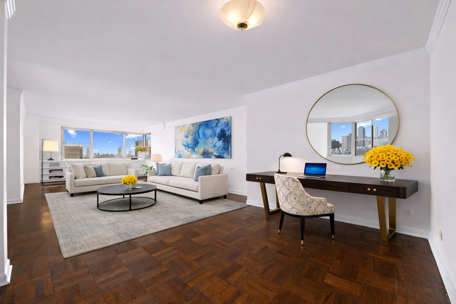 70 East 10th Street, Unit 20C Manhattan, NY 10003 - Photo 1 of 24 a living room with furniture and a potted plant