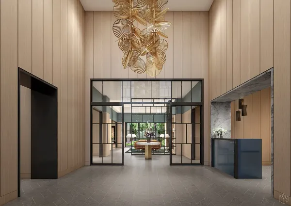 a view of lobby with furniture and a window