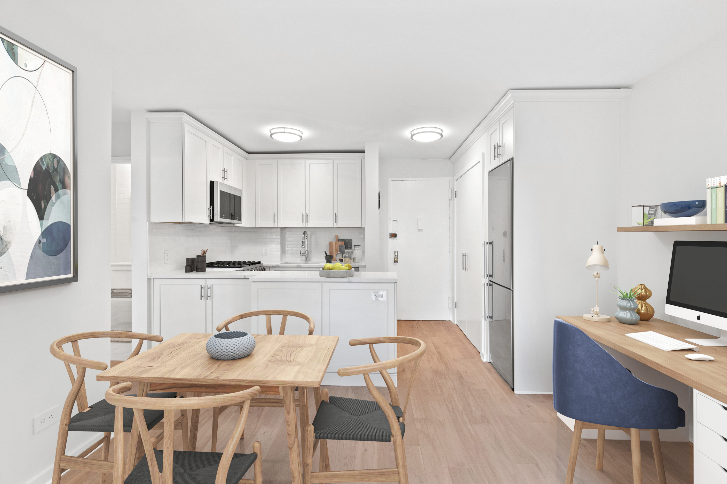 165 Christopher Street, Unit 1DD Manhattan, NY 10014 - Photo 3 of 14 a kitchen with stainless steel appliances granite countertop a stove a refrigerator a kitchen island and chairs