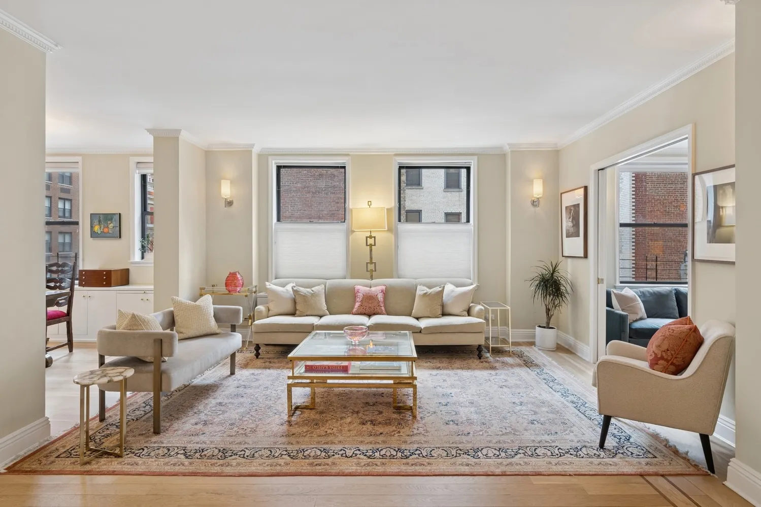 a living room with furniture or couch and a rug