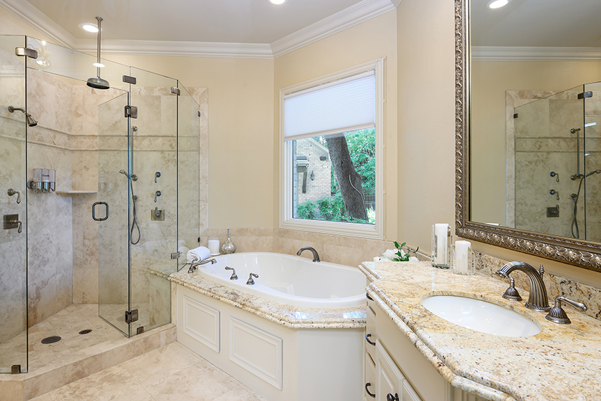 11503 West Ricks Circle Dallas, TX 75230 - Photo 24 of 39 a bathroom with a granite countertop tub sink shower and mirror