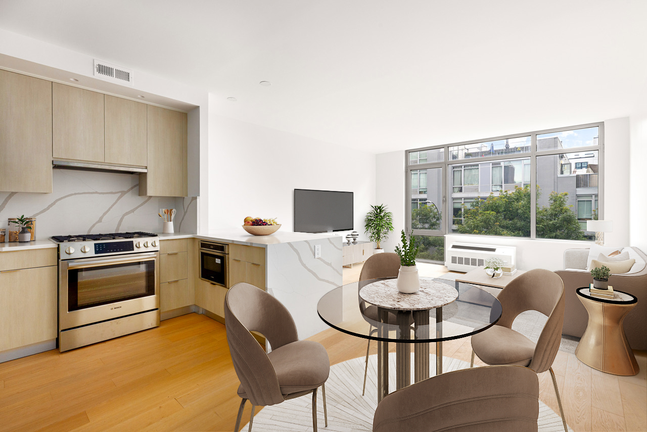 a kitchen with a table chairs stove and view kitchen
