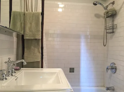 a bathroom with a sink and a shower