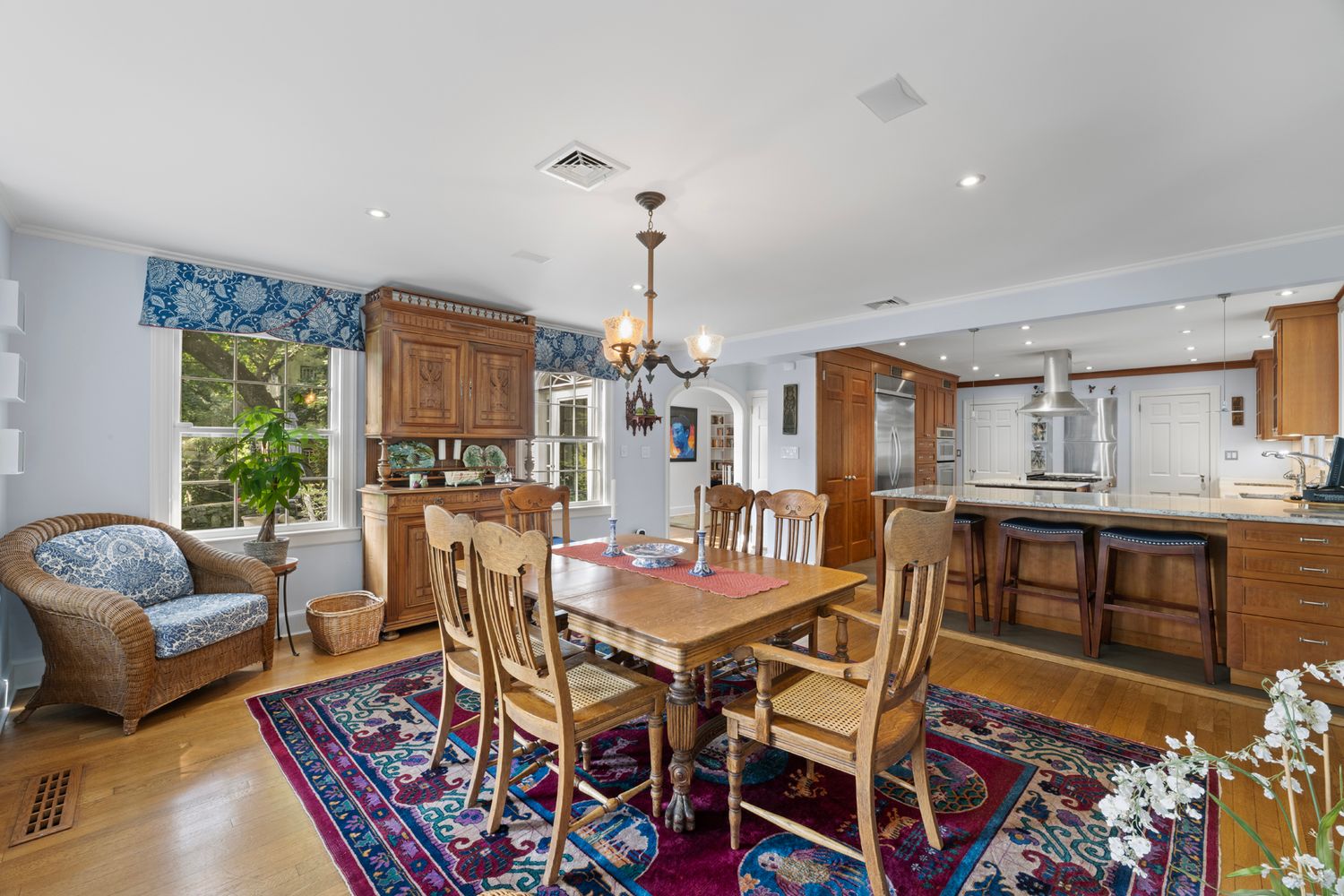 a view of a dining room with furniture
