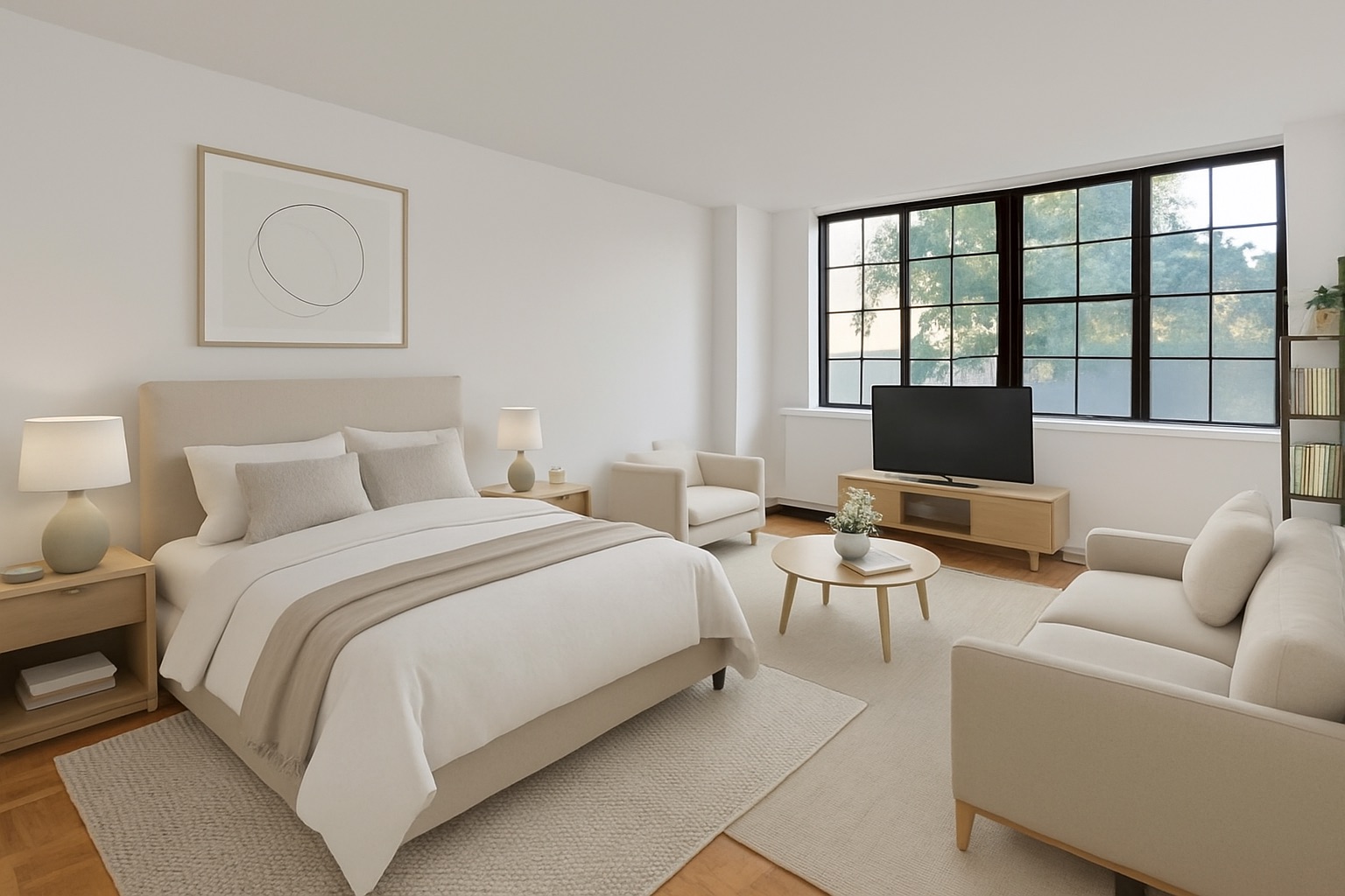 a bedroom with a bed a couch and a large window