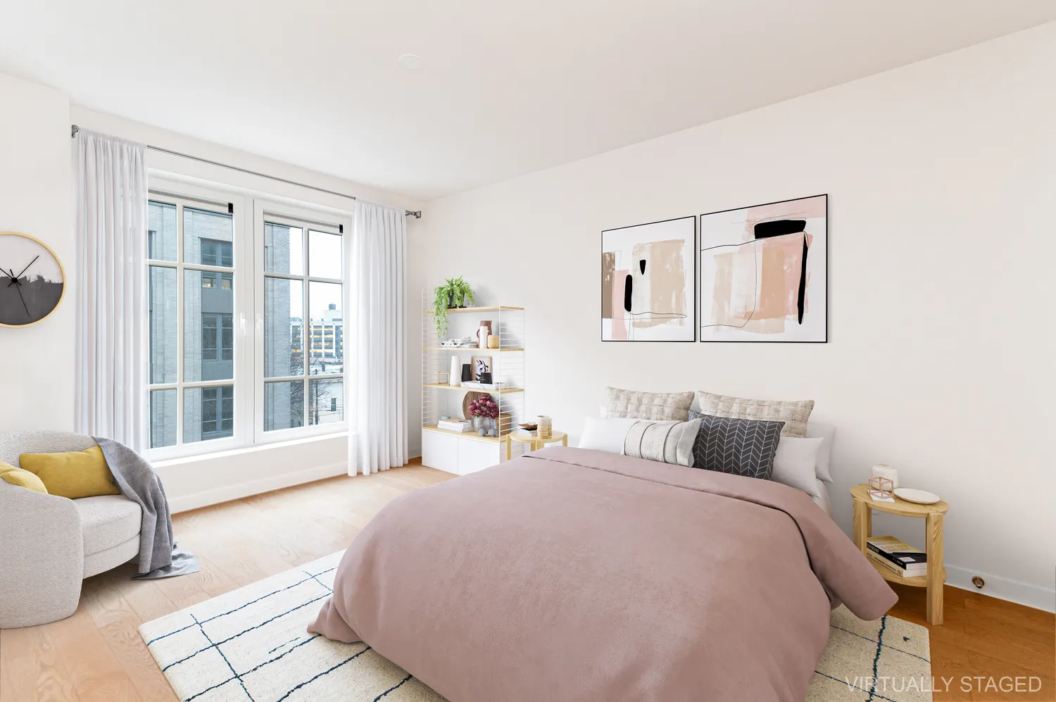 a bedroom with a bed and a large window