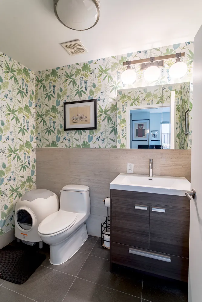 a bathroom with a sink mirror and toilet