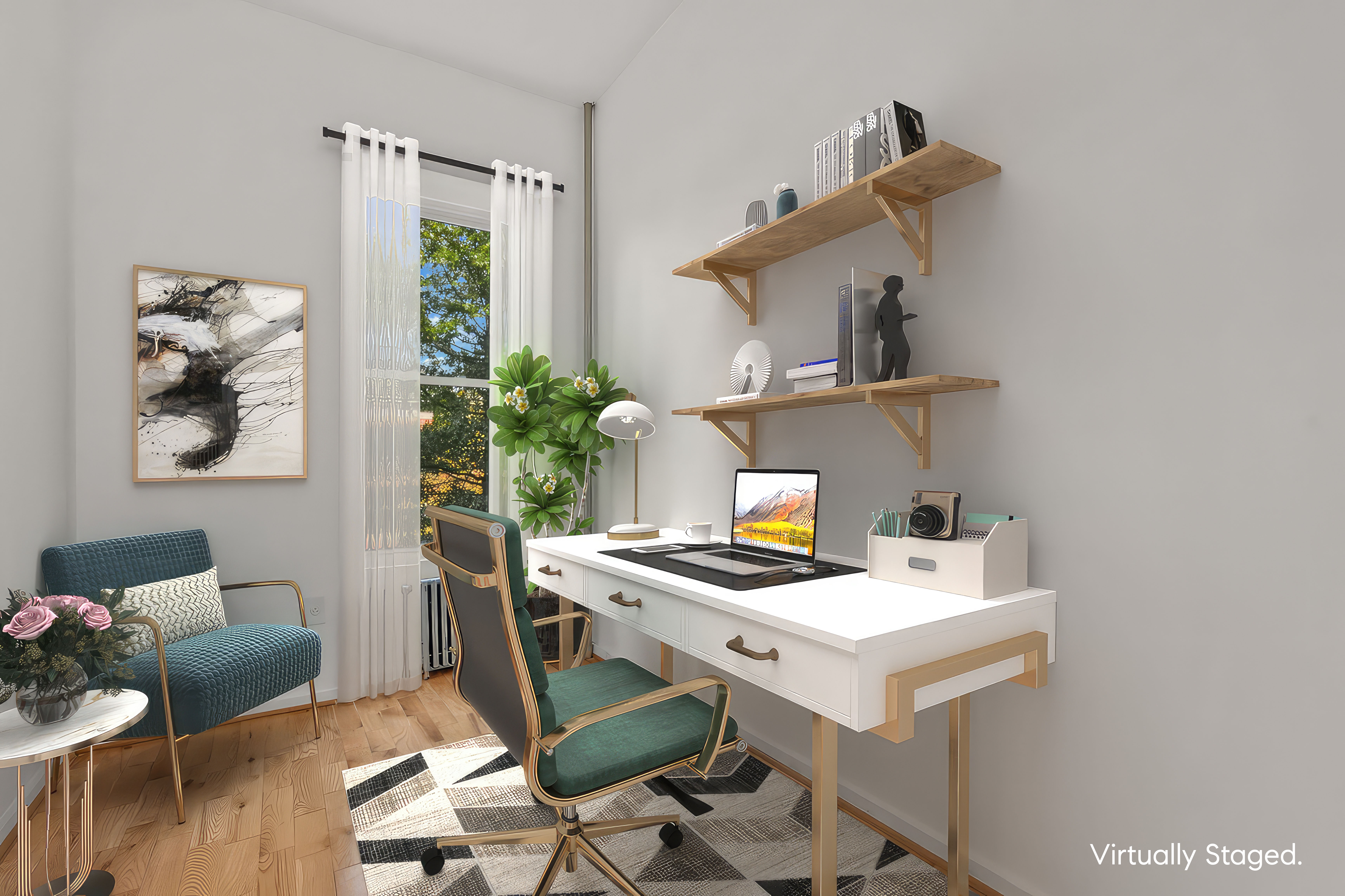 238 Vernon Avenue, Unit 2 Brooklyn, NY 11206 - Photo 13 of 21 a view of workspace with wooden floor windows cabinet and rug