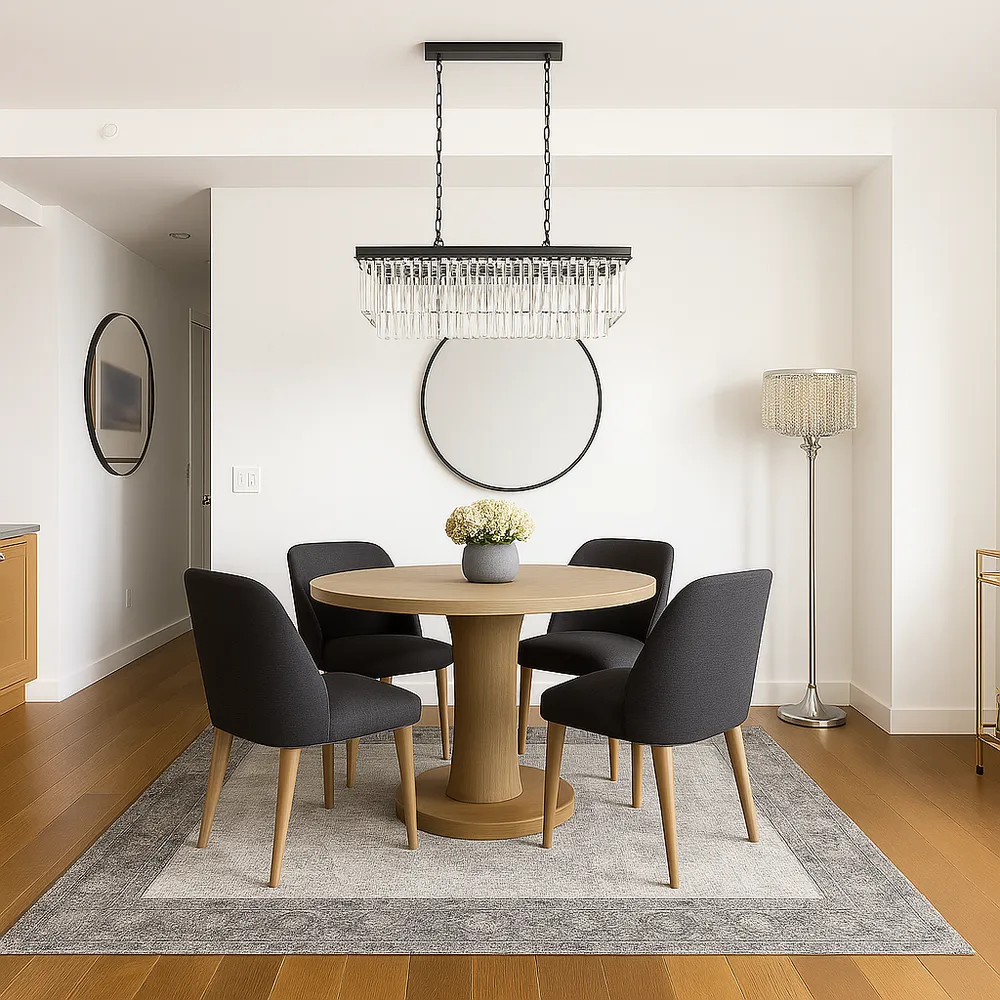 a dining room with furniture and wooden floor