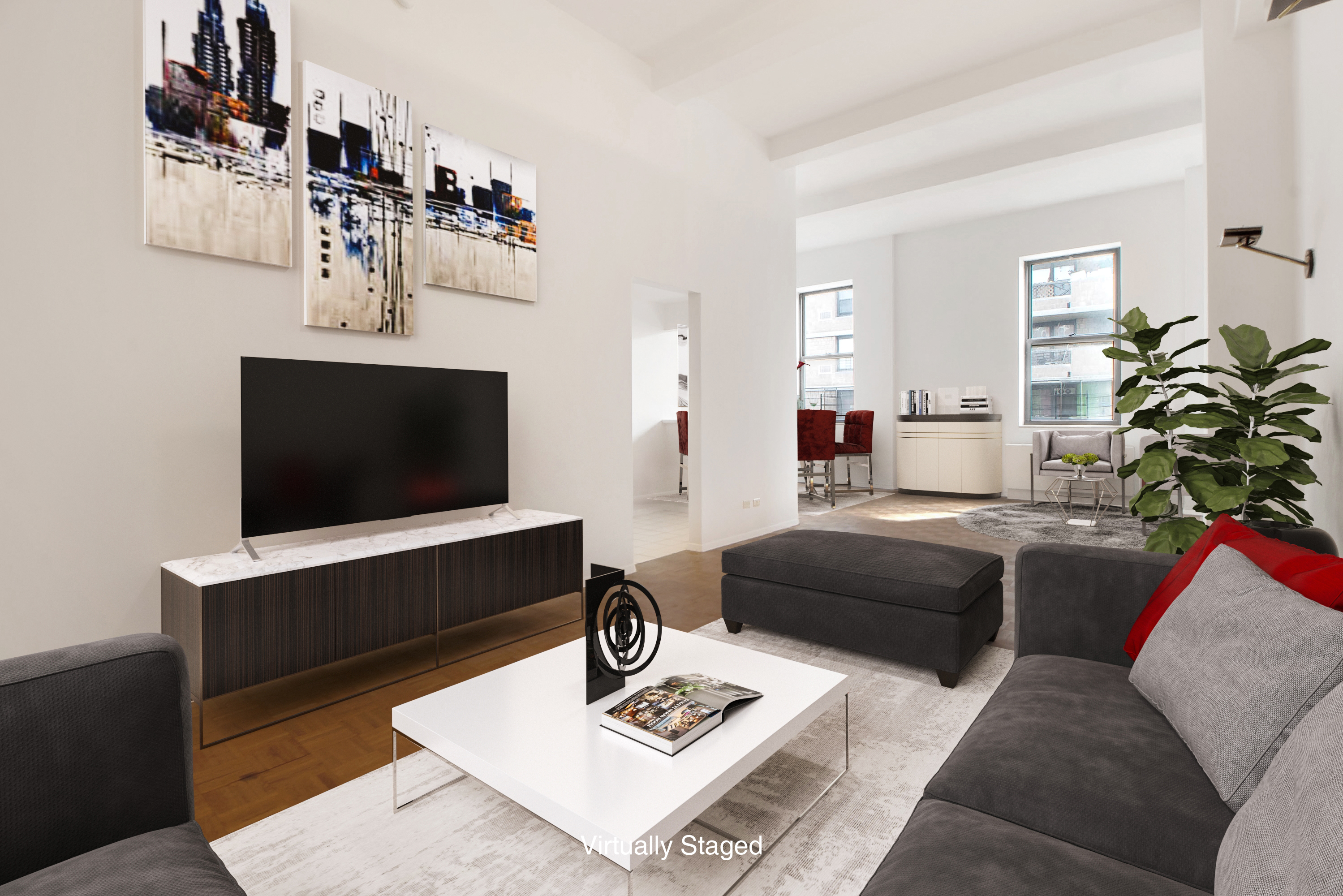 1255 5th Avenue, Unit 5J Manhattan, NY 10029 - Photo 1 of 17 a living room with furniture a flat screen tv and a fireplace