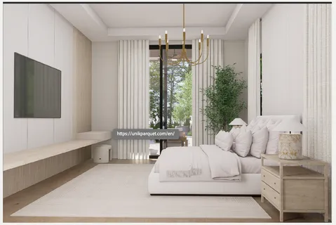 a large white bed sitting in a living room next to a window