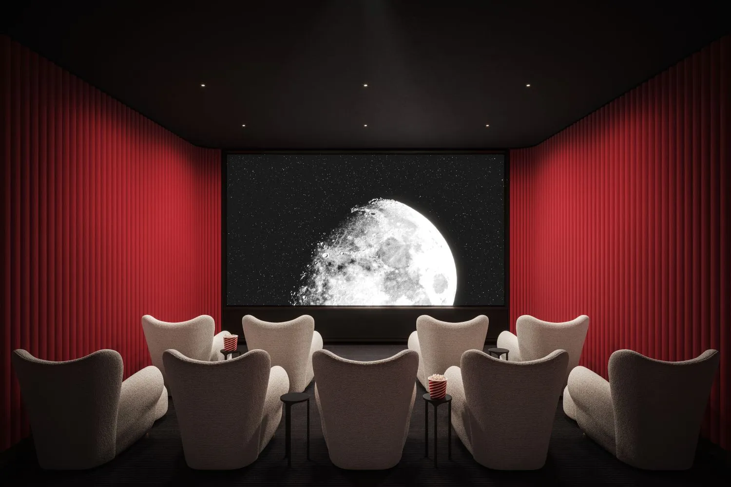 a living room with furniture and large windows