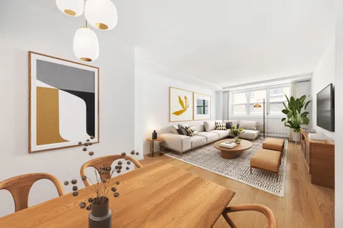 a living room with furniture potted plant and a mirror