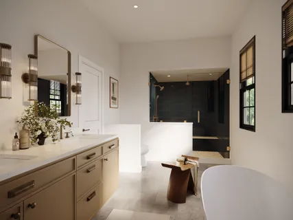 a bathroom with a double vanity sink mirror and bathtub