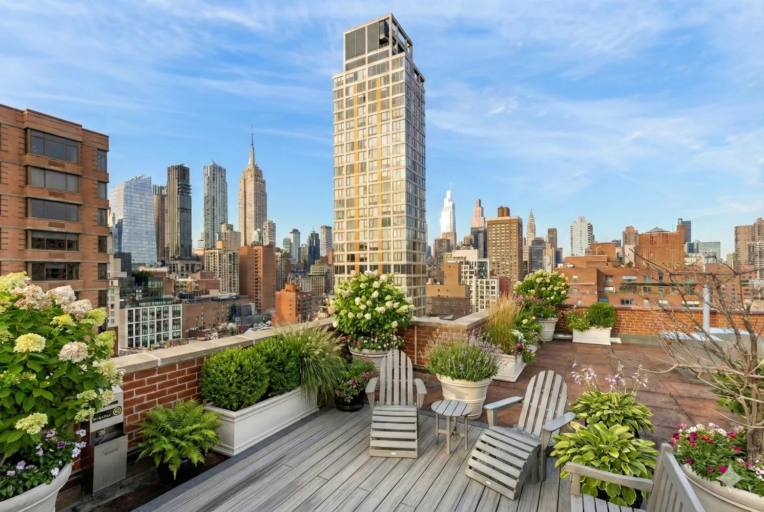 a view of a city with furniture