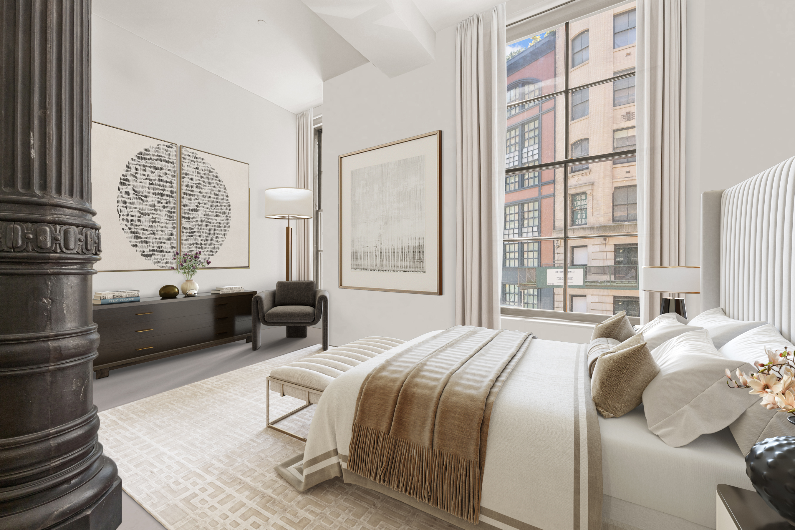 140 Franklin Street, Unit 2B Manhattan, NY 10013 - Photo 11 of 14 a bedroom with a bed and a large window