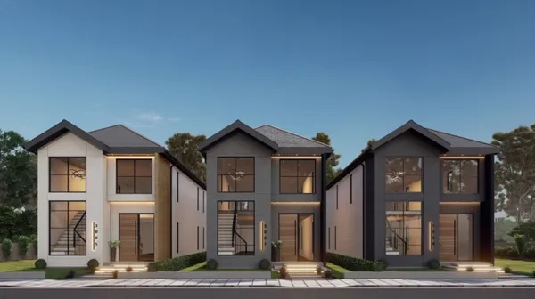 a front view of a residential apartment building with a yard