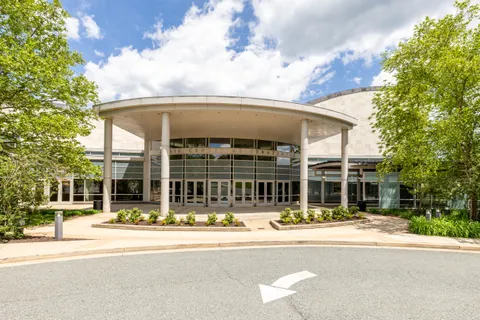 front view of a building with a street view