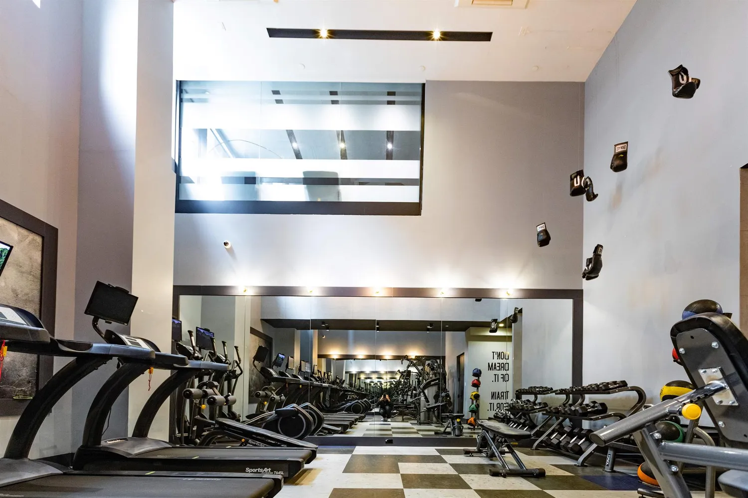a room with gym equipment
