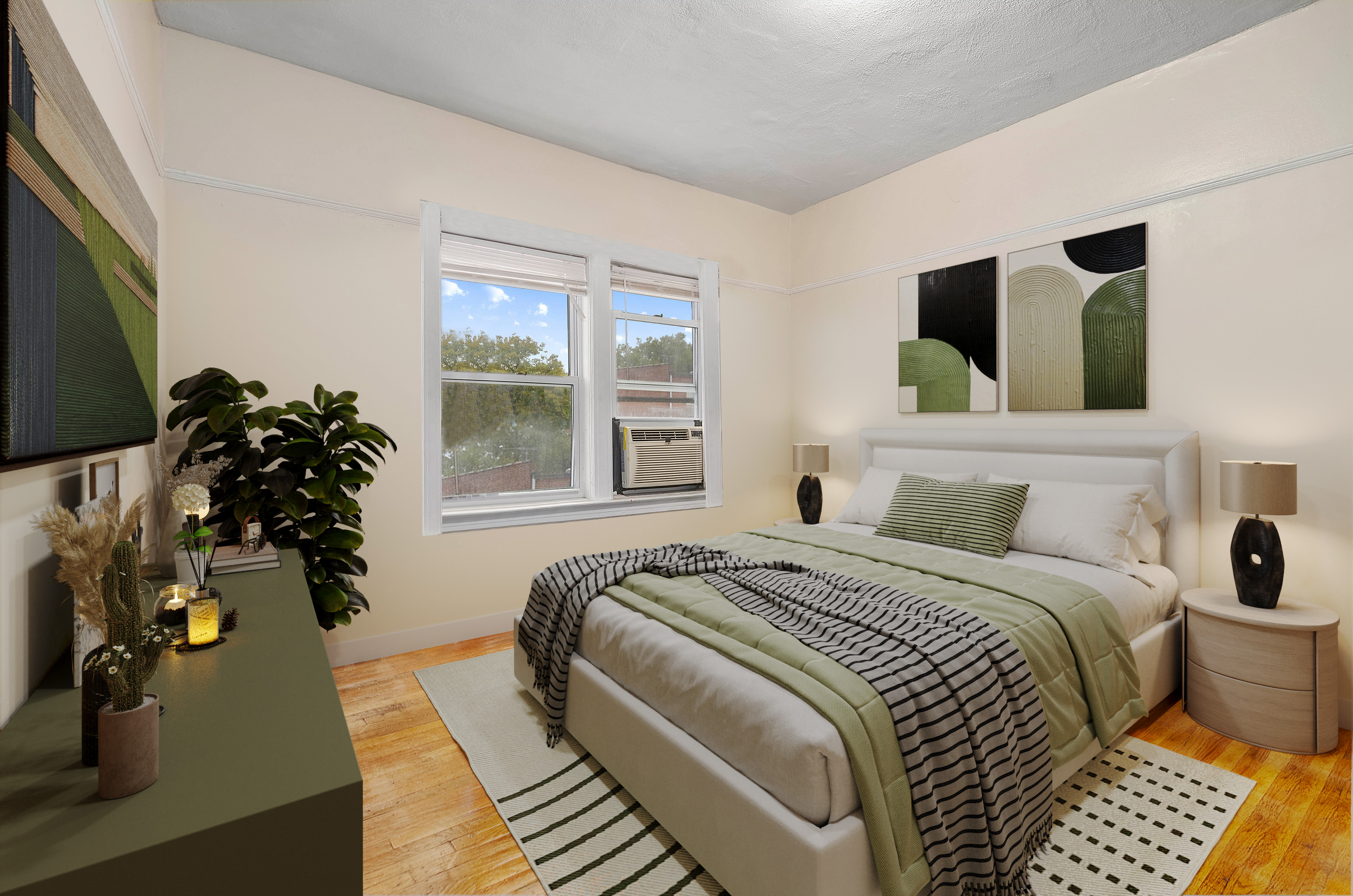 a bedroom with a large bed and a window