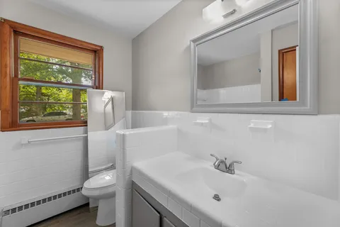a bathroom with a sink toilet and mirror
