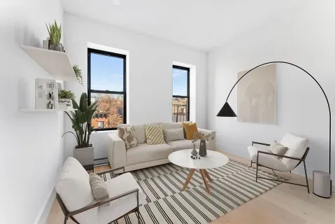 a living room with furniture and a potted plant