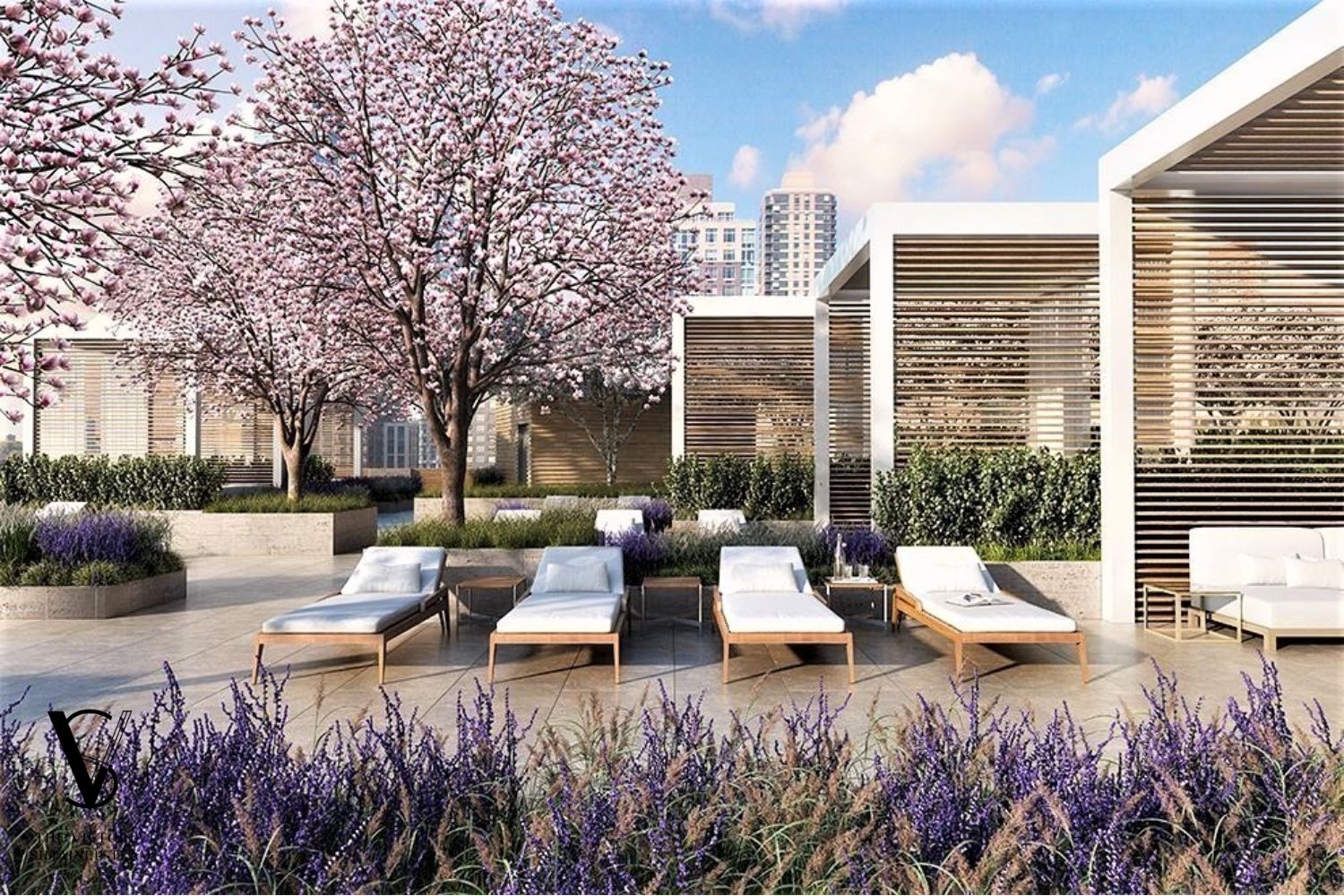 1 West End Avenue, Unit C28 Manhattan, NY 10069 - Photo 19 of 26 a view of a patio with couches table and chairs and wooden fence