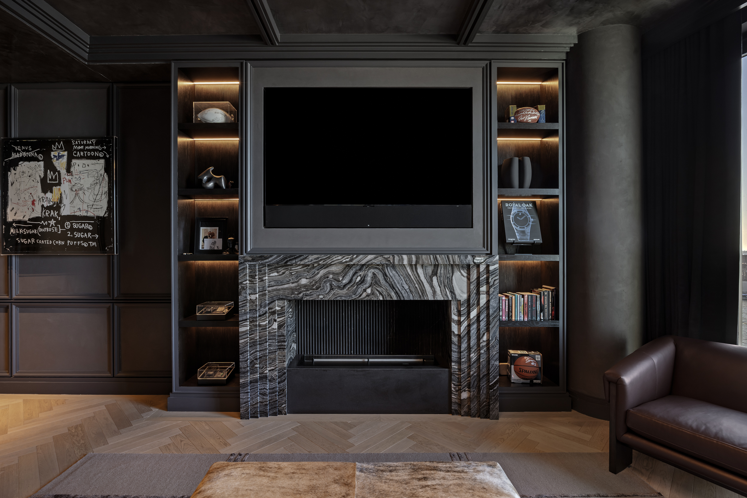 30 Front Street, Unit 25A Brooklyn, NY 11201 - Photo 28 of 45 a living room with a fireplace and a book shelf