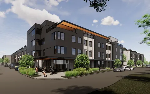 a front view of a building with street view