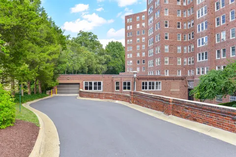 a front view of a building with street