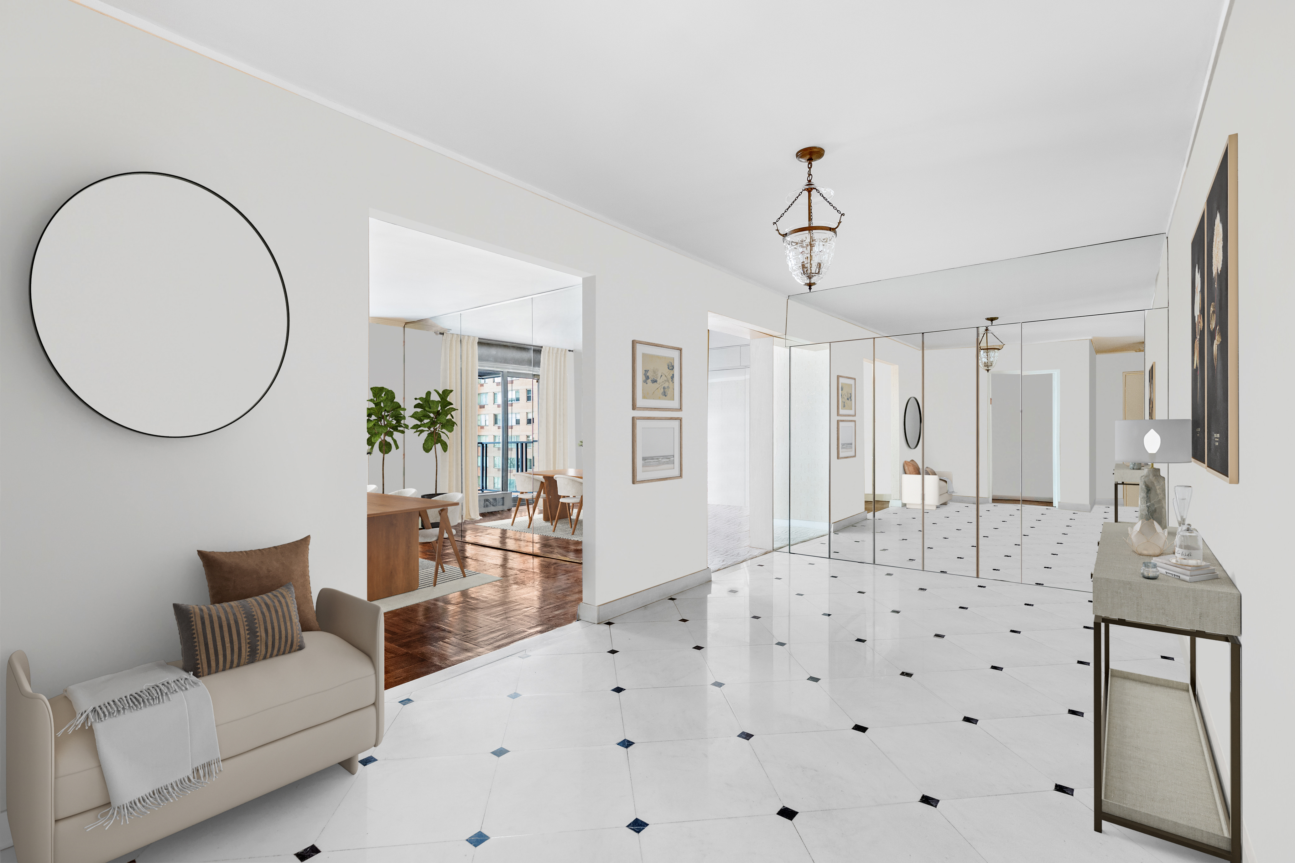 50 Sutton Place South, Unit 7A Manhattan, NY 10022 - Photo 2 of 16 a living room with furniture a mirror and a chandelier