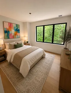 a bedroom with a large bed and a large window