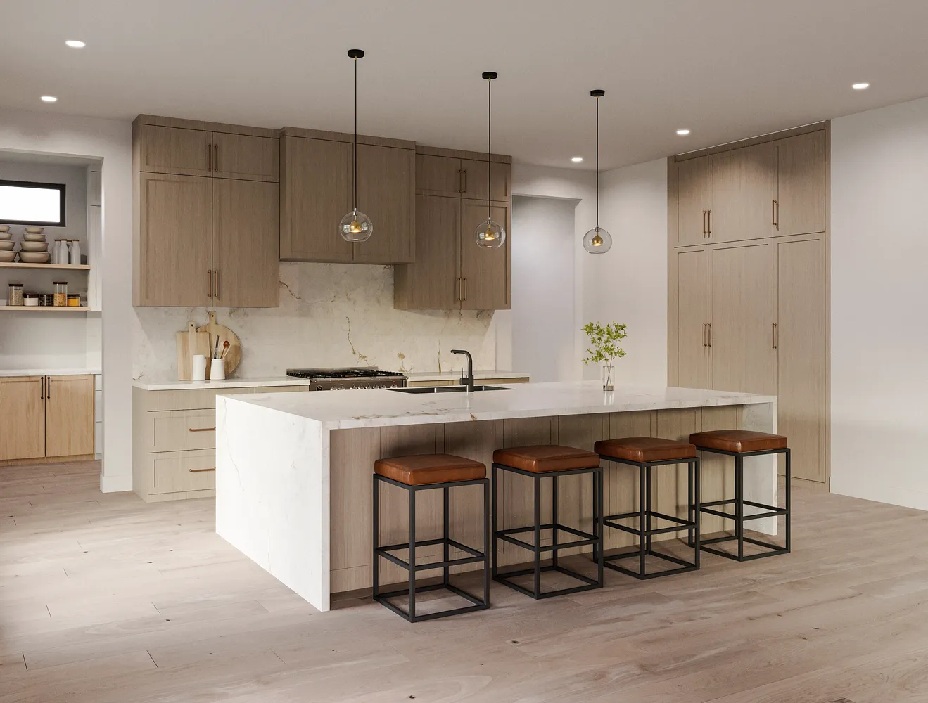a kitchen with a sink cabinets and wooden floor