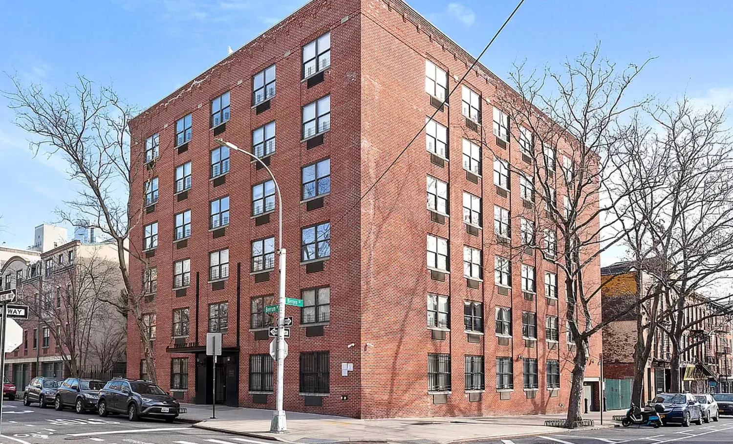 a view of a building and a street