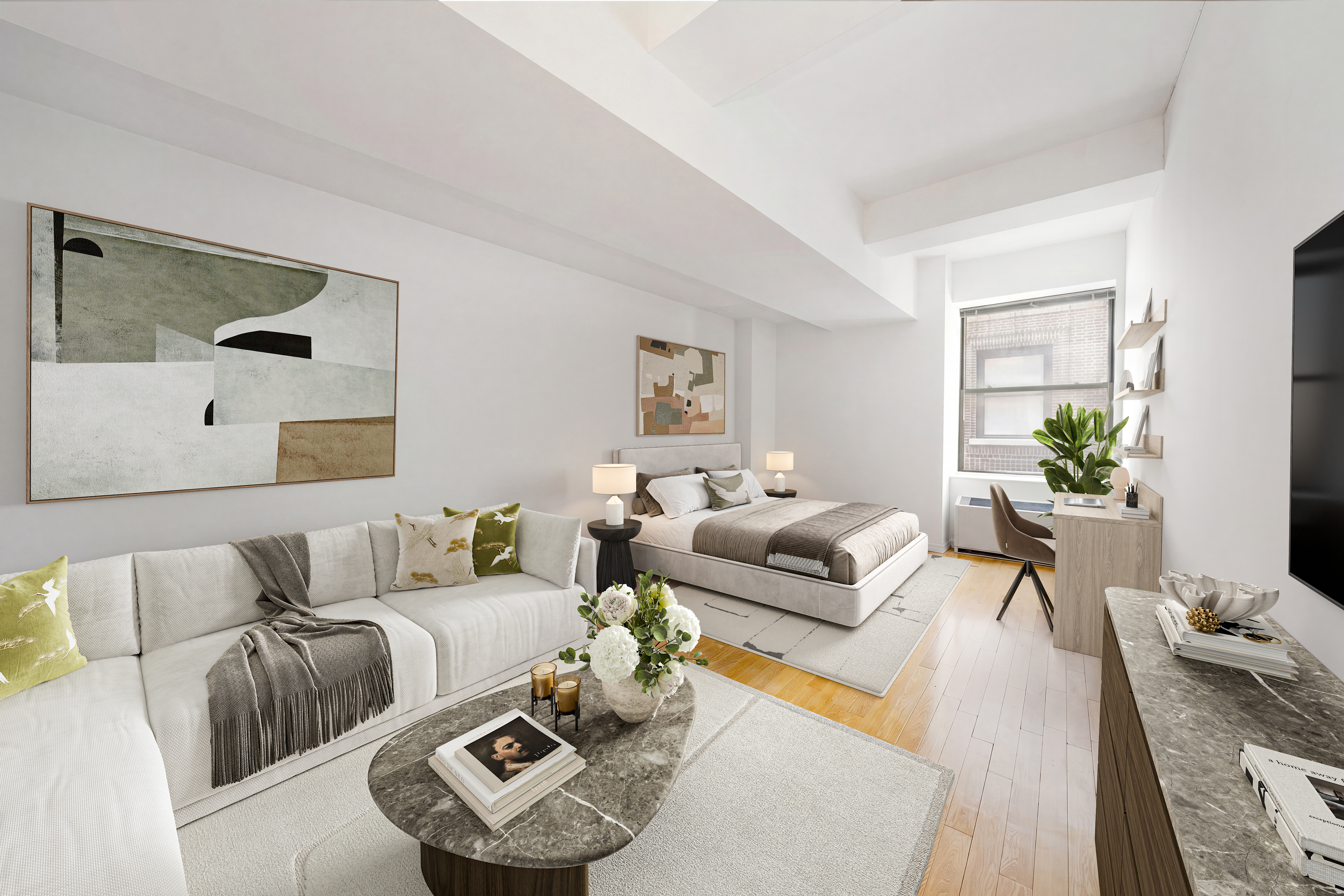 a living room with furniture and a wooden floor