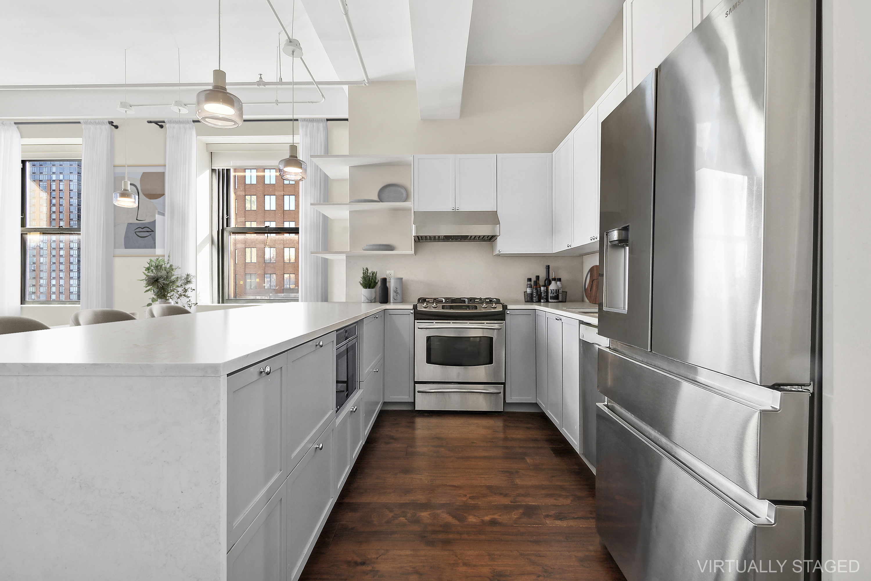365 Bridge Street, Unit 15K Brooklyn, NY 11201 - Photo 2 of 9 a kitchen with kitchen island granite countertop lots of white stainless steel appliances cabinets and a sink