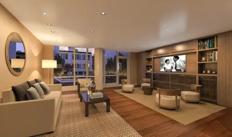 a living room with furniture a rug and a large window