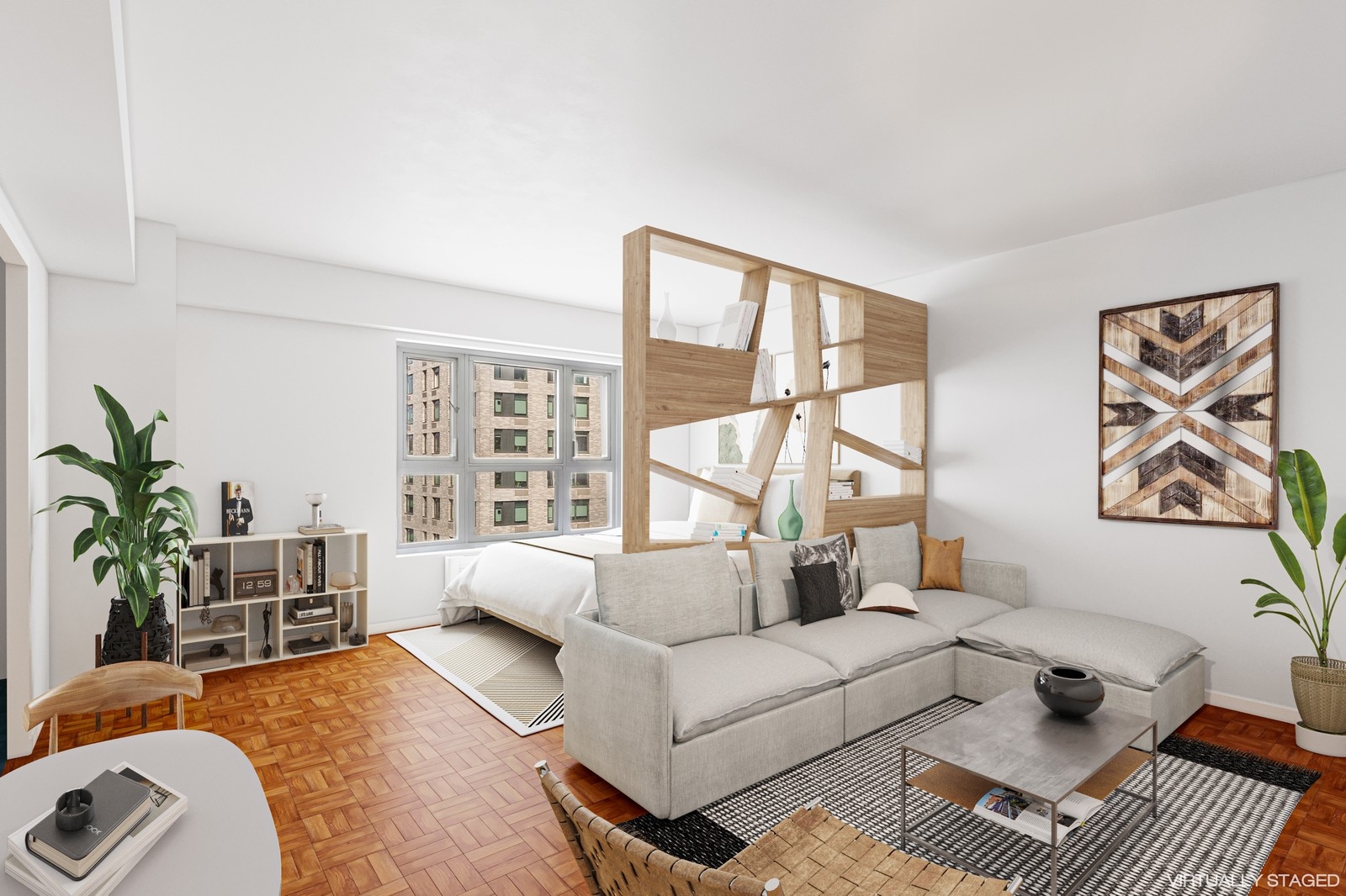 a living room with furniture and a large window