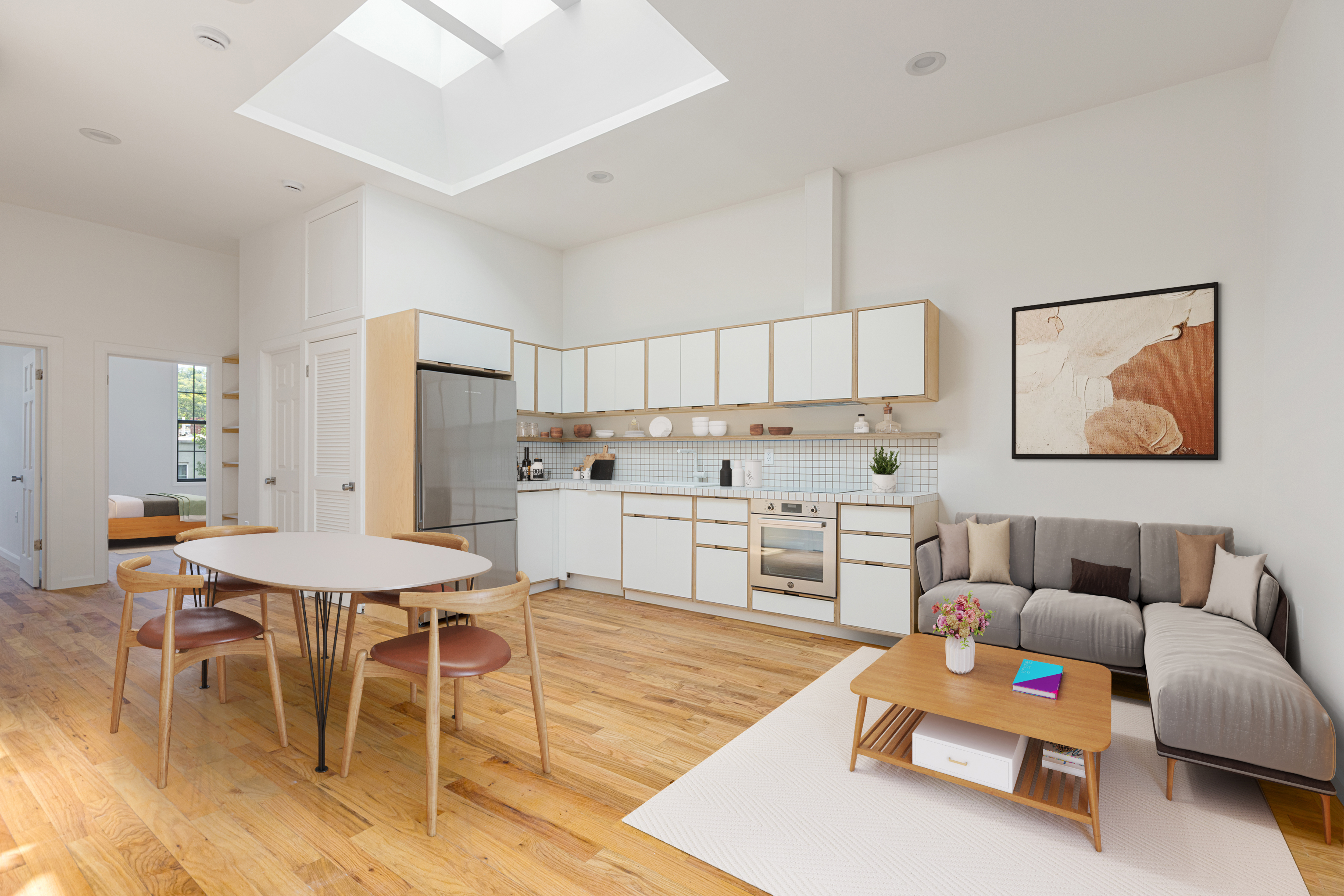 1068 Hancock Street, Unit 2 Brooklyn, NY 11221 - Photo 2 of 10 a living room with furniture and a dining table with kitchen view