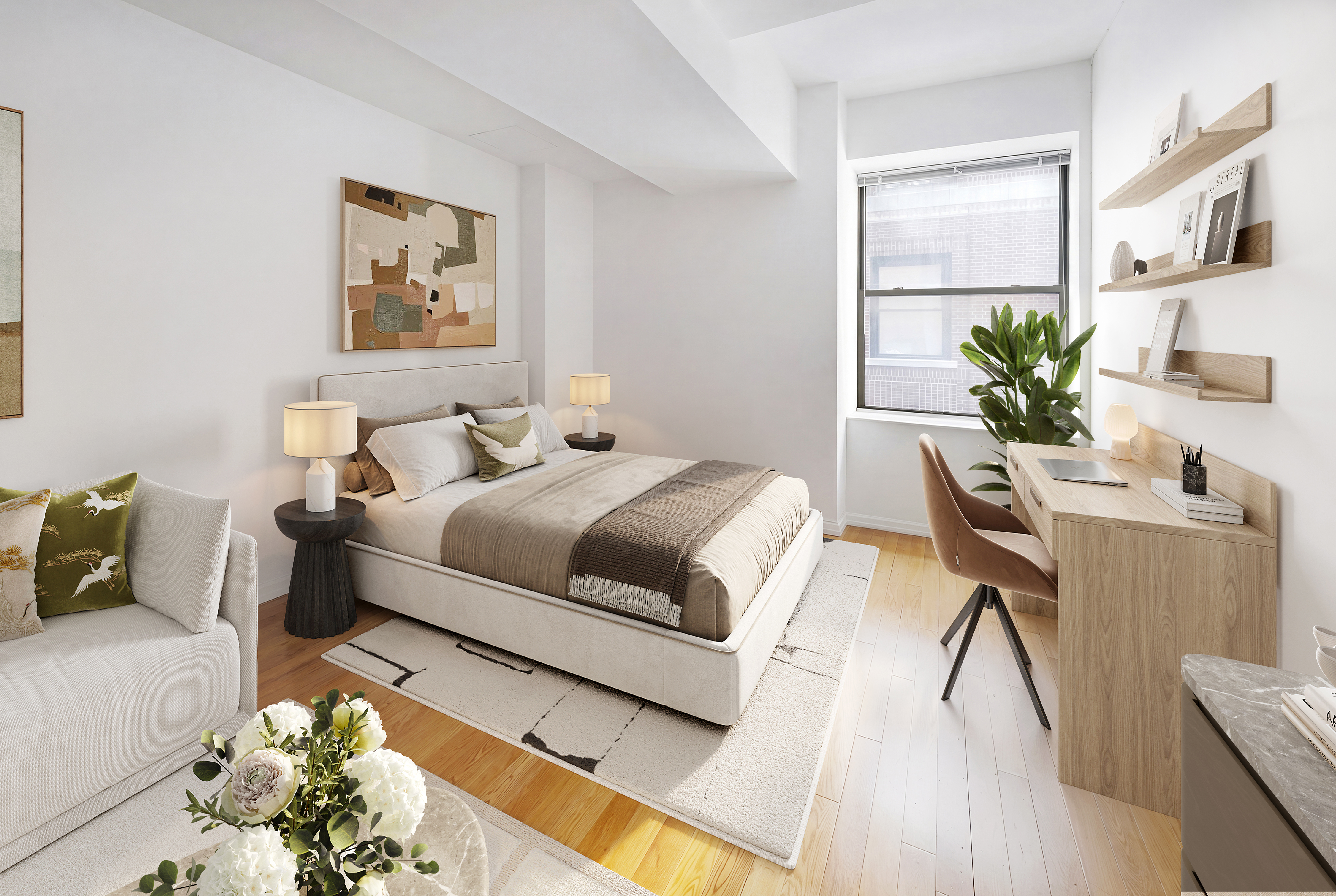 99 John Street, Unit 208 Manhattan, NY 10038 - Photo 4 of 18 a bedroom with a bed and a potted plant on the dresser