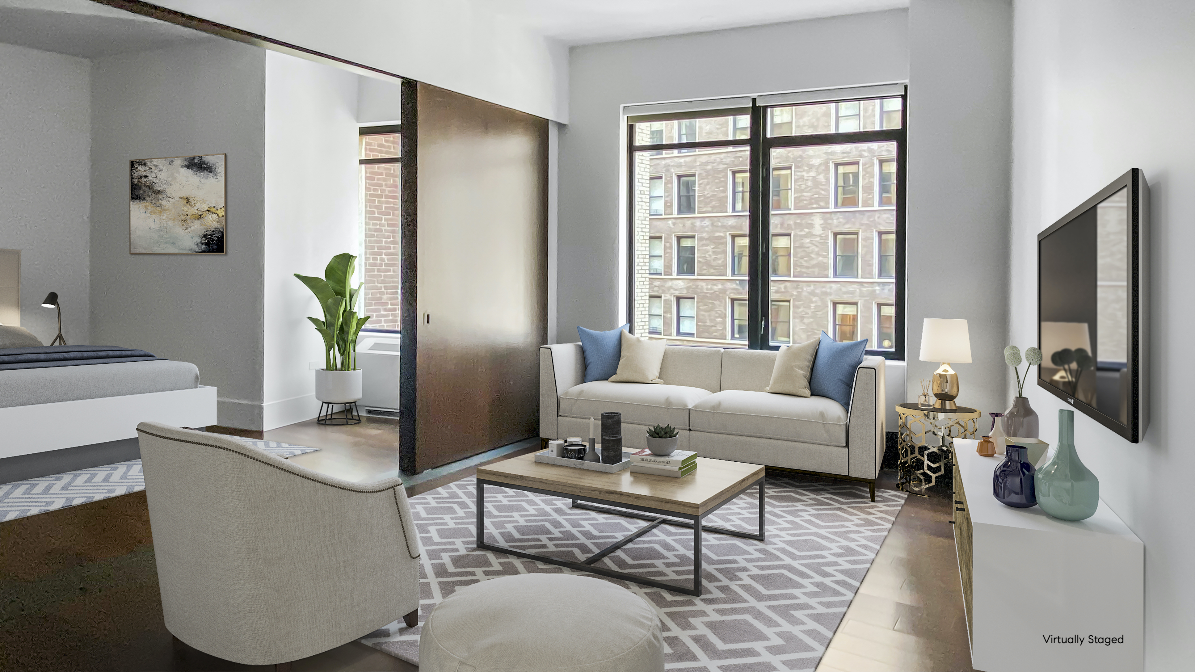 40 Broad Street, Unit 16E Manhattan, NY 10004 - Photo 1 of 16 a living room with furniture a large window and a flat screen tv