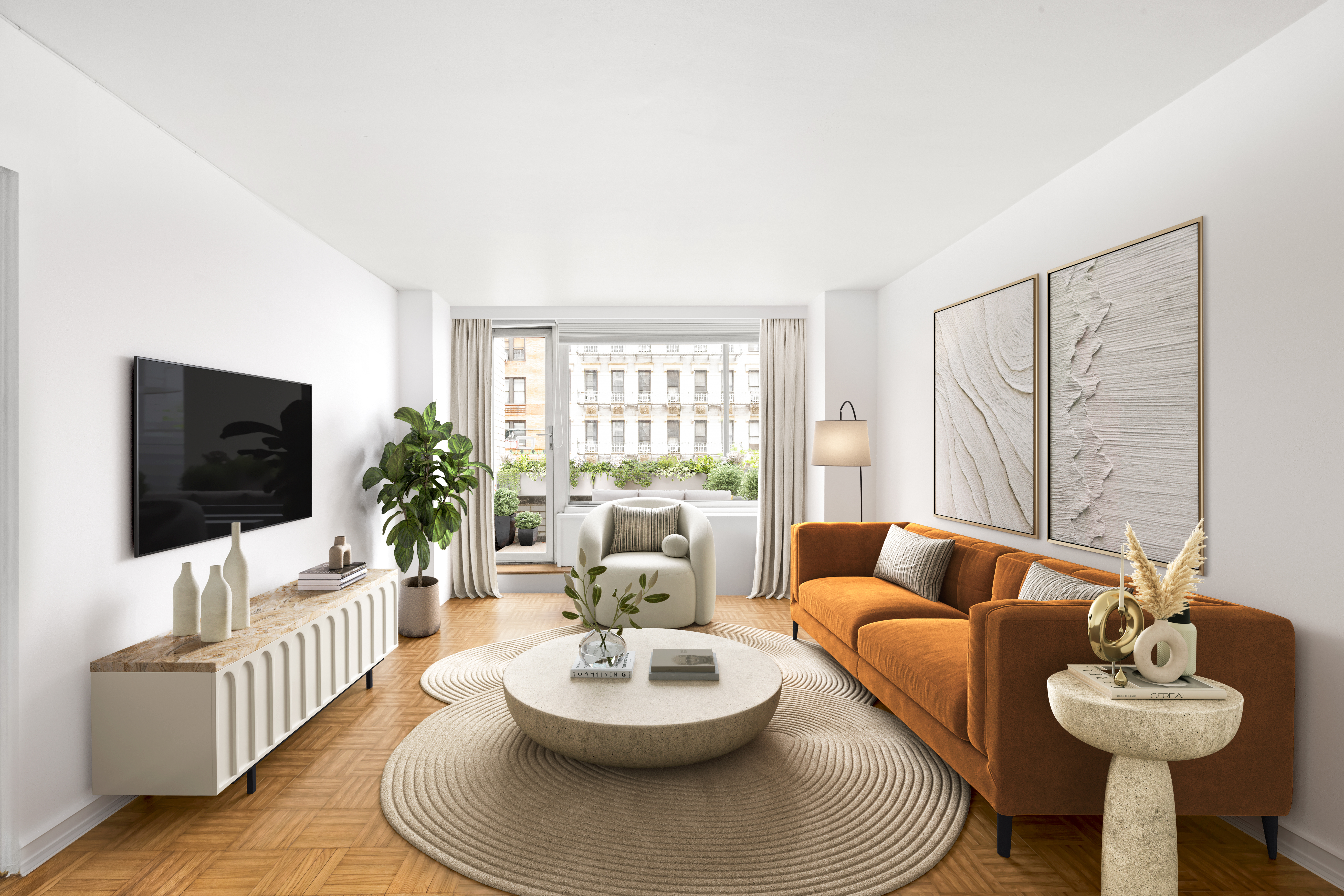 1160 3rd Avenue, Unit 2J Manhattan, NY 10065 - Photo 3 of 8 a living room with furniture and a flat screen tv