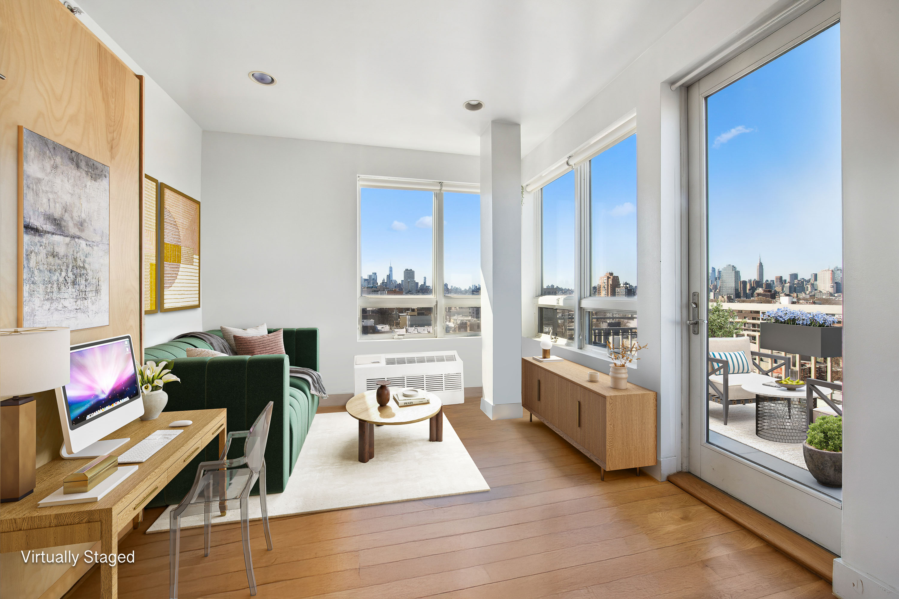 a living room with furniture and floor to ceiling windows