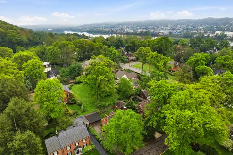 a view of a city with lush green forest
