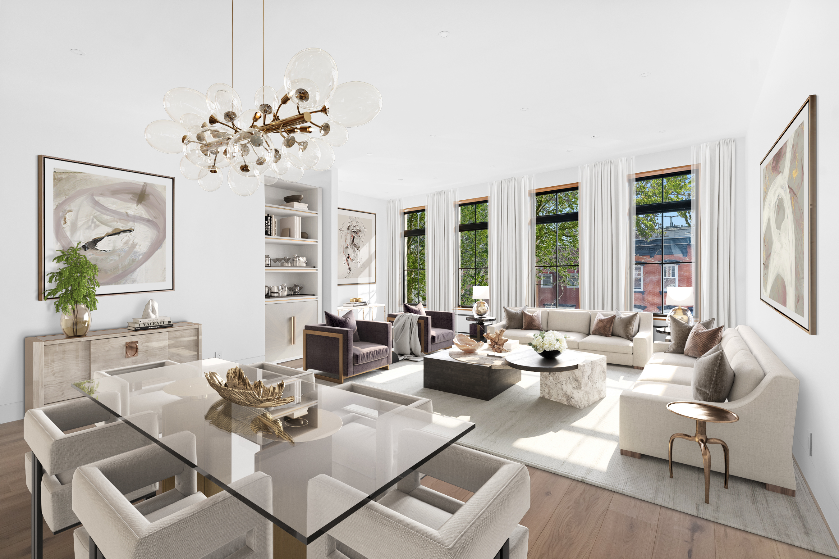 a living room with fireplace furniture and two large window