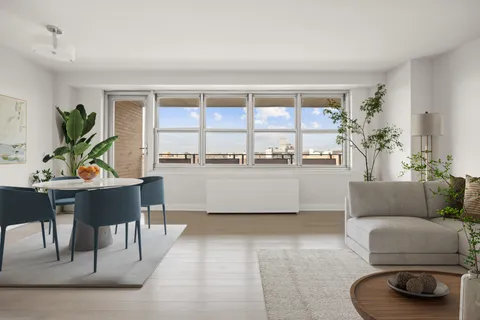 a living room with furniture and a potted plant
