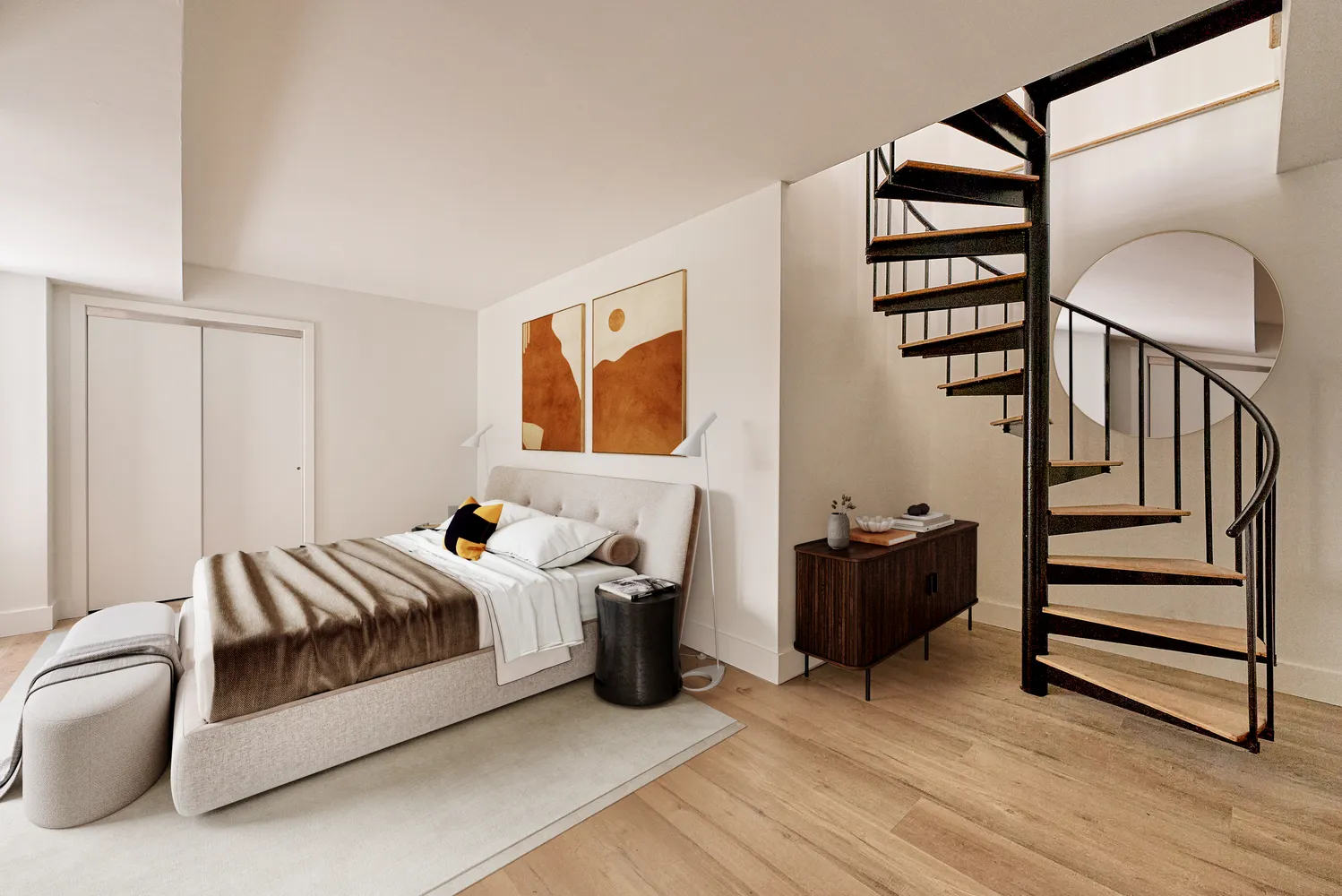 a bedroom with furniture and wooden floor