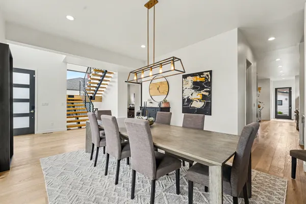a view of a dining room with furniture