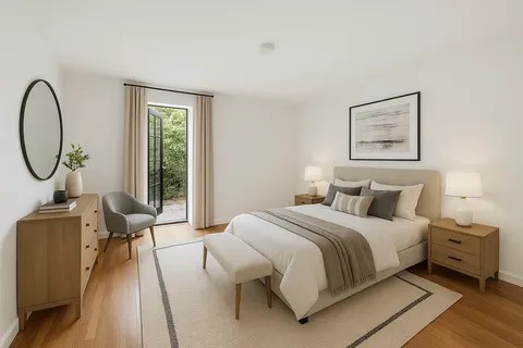 a bed room with a bed and windows