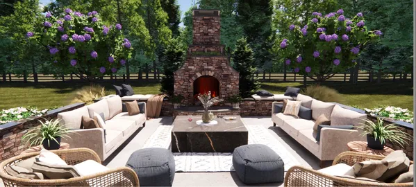 a view of a patio with couches chairs and a swimming pool with wooden floor